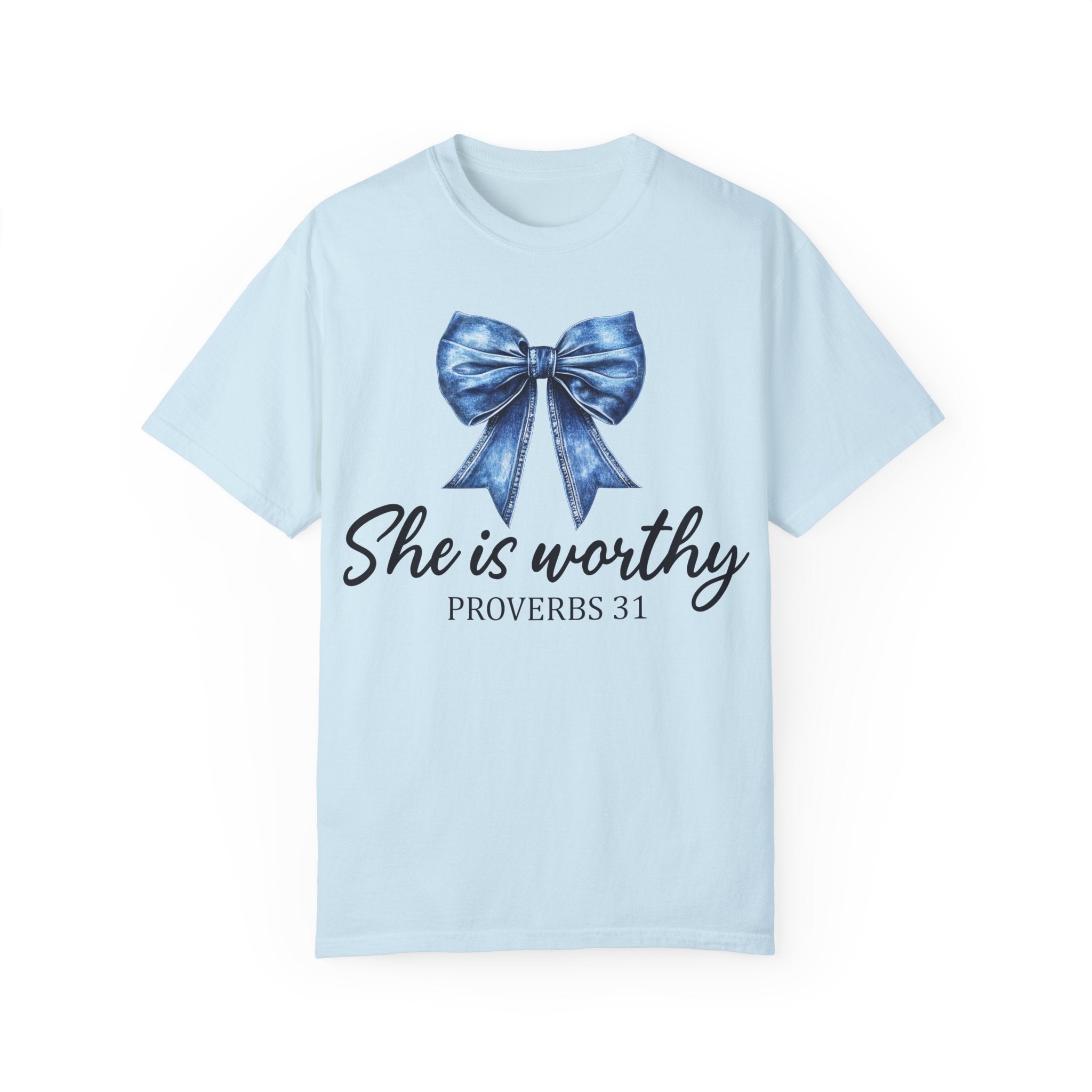 She Is Worthy T-Shirt with Denim Coquette Bow, Proverbs 31 Tshirt, Christian Tee, Tops for Women