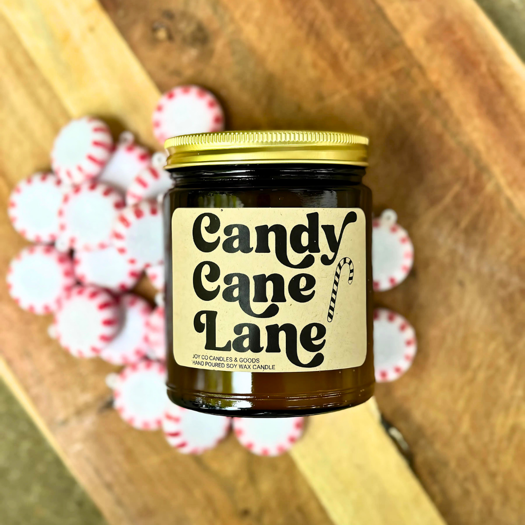 Candy Cane Lane Candle, Groovy Christmas Collection, Peppermint Scented Candle, Christmas Gifts, Holiday Decor, 100% Soy Wax 9 oz Candle, 50 Hour Burn Time, Recyclable Amber Glass Jar, Made in the USA