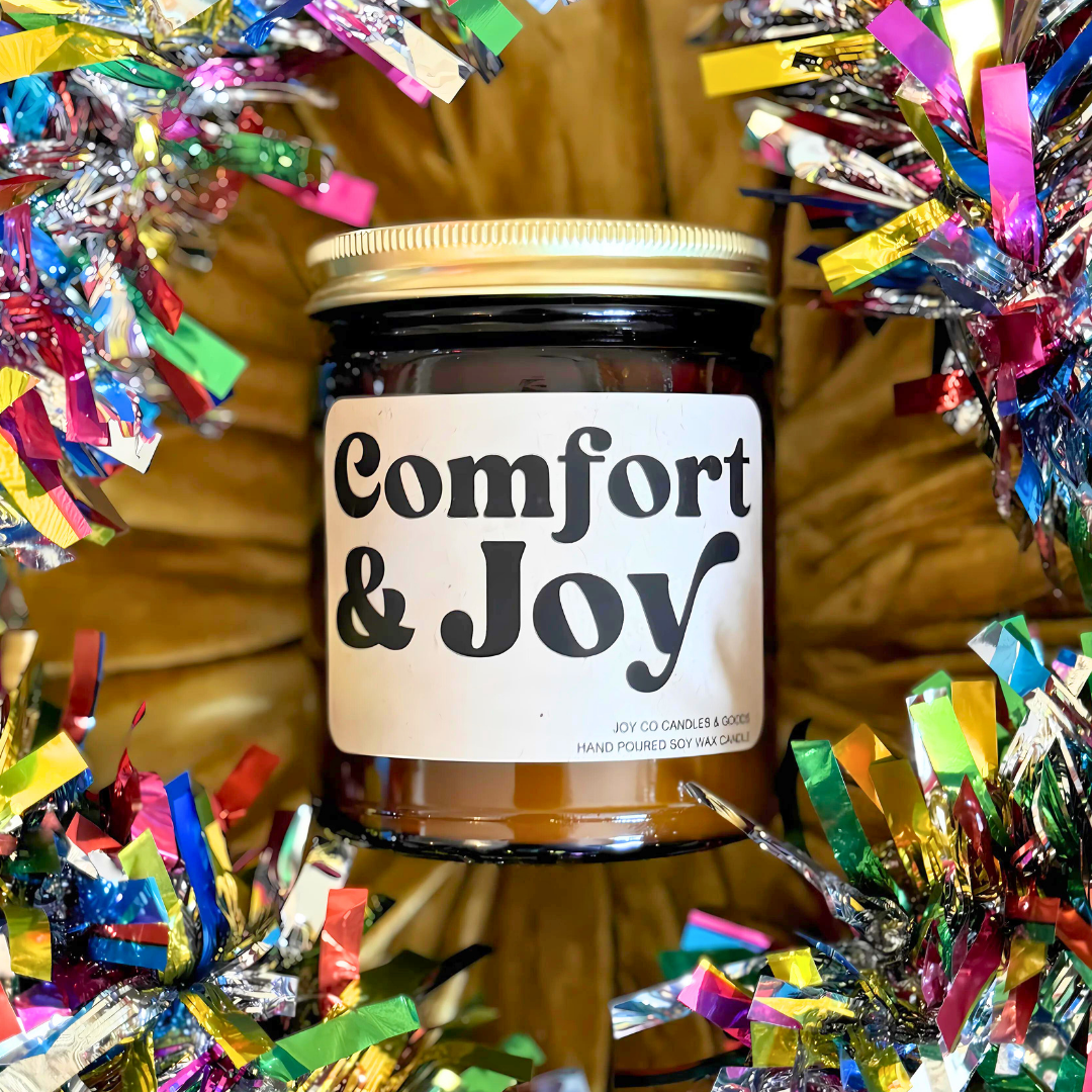 Comfort & Joy Candle, Groovy Christmas Collection, Christmas Scented Candle, Christmas Gifts, Holiday Decor, 100% Soy Wax 9 oz Candle, 50 Hour Burn Time, Recyclable Amber Glass Jar, Made in the USA