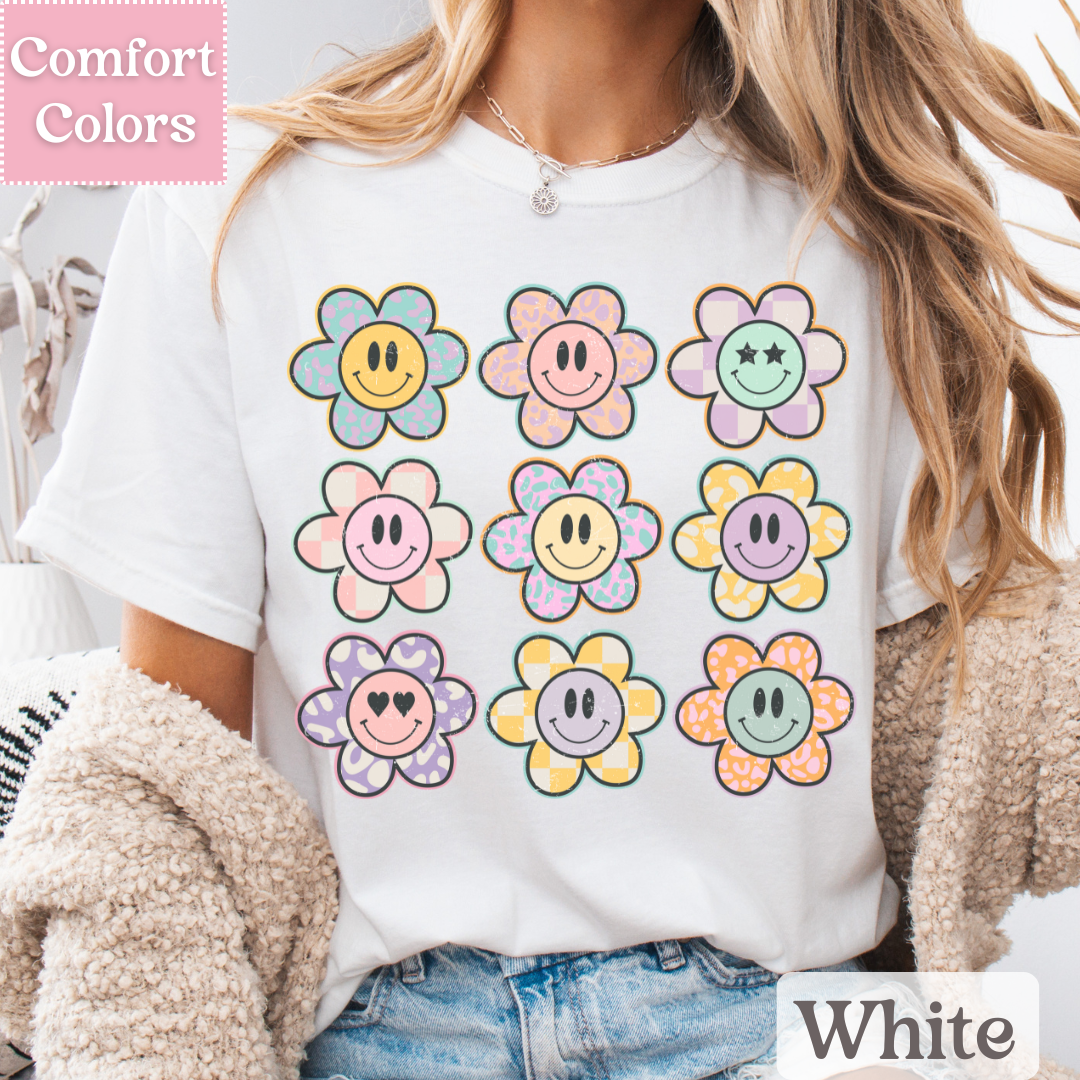 Smiley Face Tee with Daisies, Happy Face T-Shirt, Positive Smile Top
