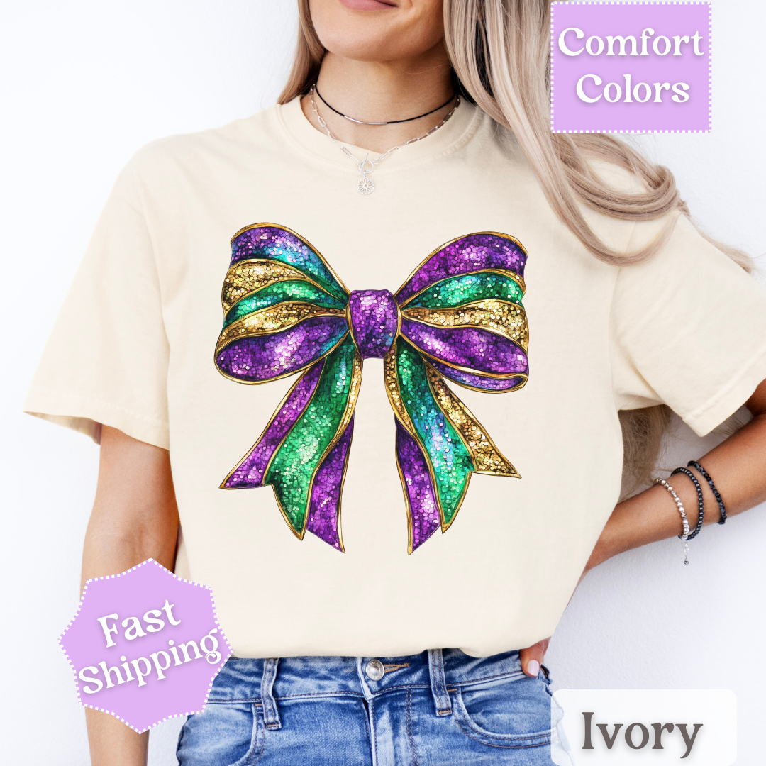 Sparkly Mardi Gras T-Shirt, Coquette Bow Mardi Gras Tee, Fat Tuesday Women&