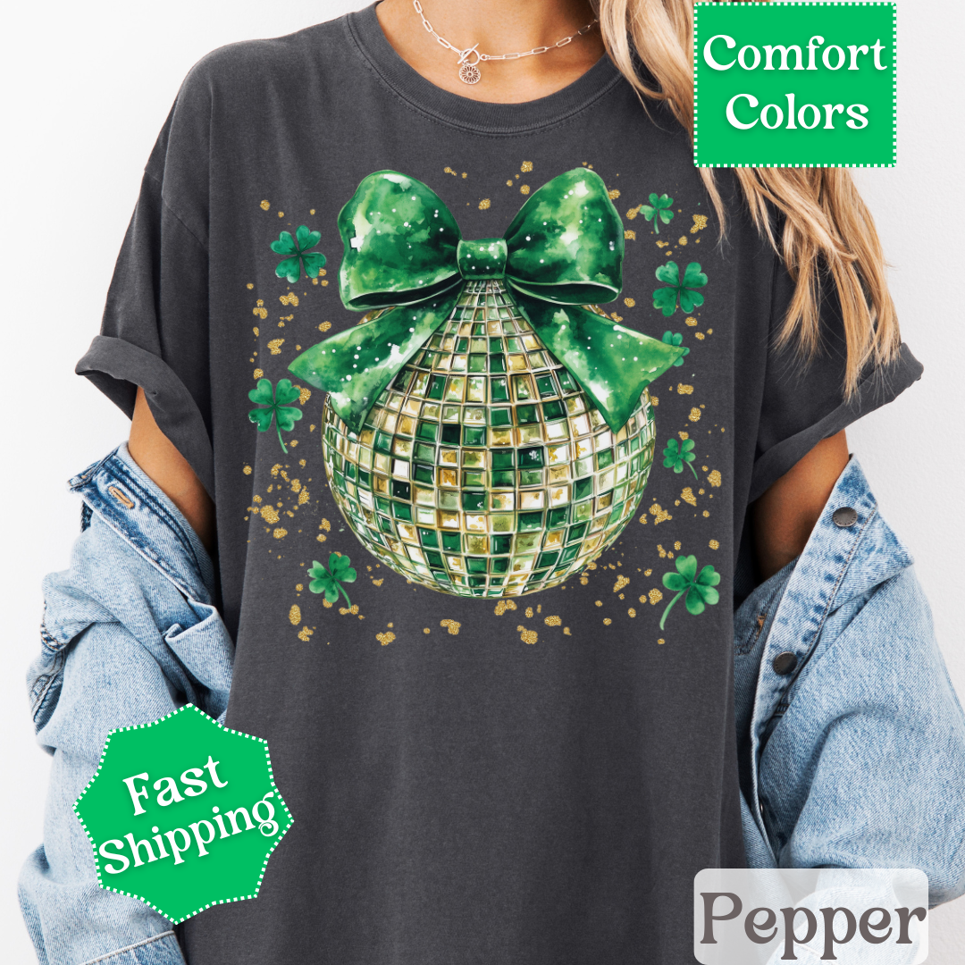 Green Disco Ball T-Shirt with Shamrocks and Coquette Bow for St. Patrick&