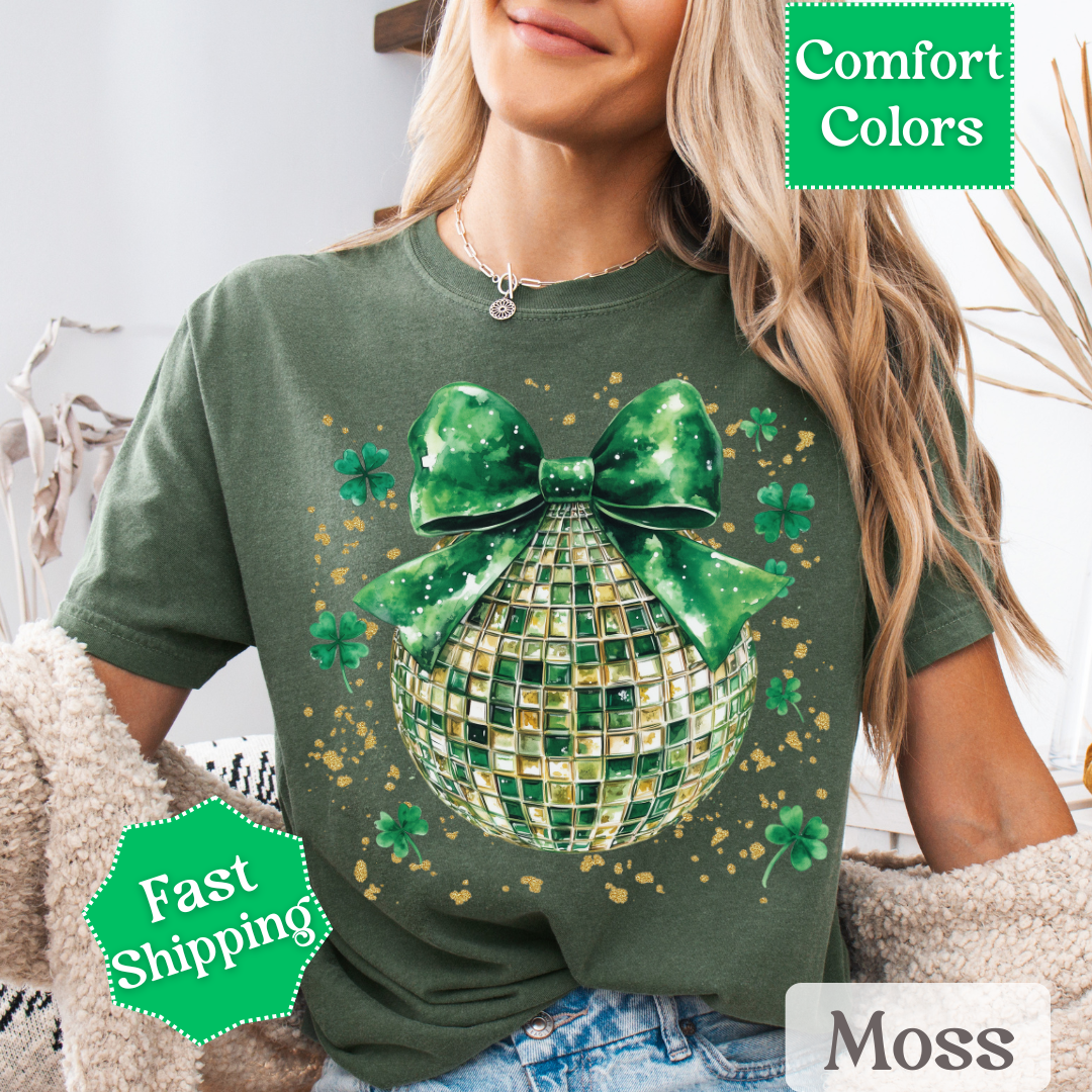 Green Disco Ball T-Shirt with Shamrocks and Coquette Bow for St. Patrick&
