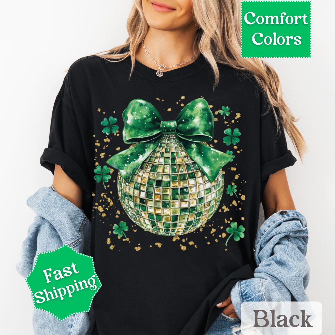 Green Disco Ball T-Shirt with Shamrocks and Coquette Bow for St. Patrick&