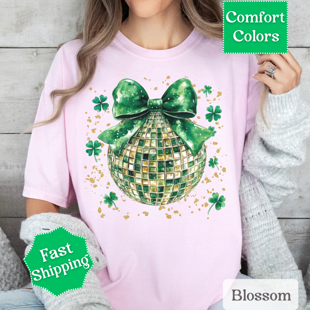 Green Disco Ball T-Shirt with Shamrocks and Coquette Bow for St. Patrick&