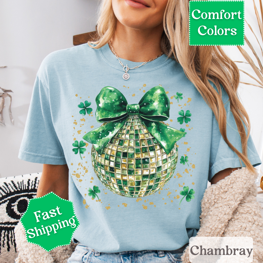 Green Disco Ball T-Shirt with Shamrocks and Coquette Bow for St. Patrick&