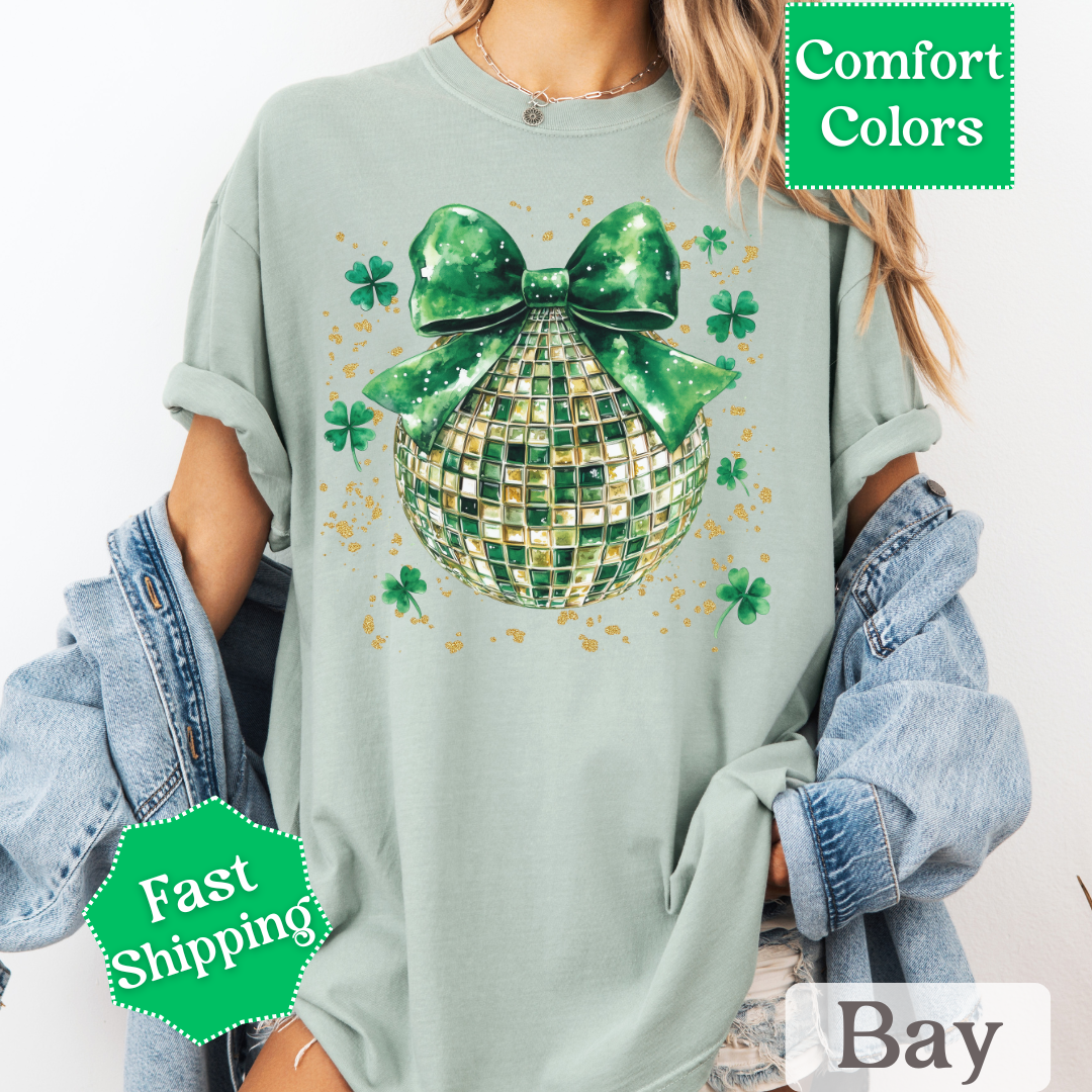 Green Disco Ball T-Shirt with Shamrocks and Coquette Bow for St. Patrick&