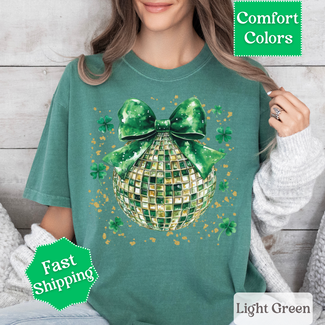 Green Disco Ball T-Shirt with Shamrocks and Coquette Bow for St. Patrick&