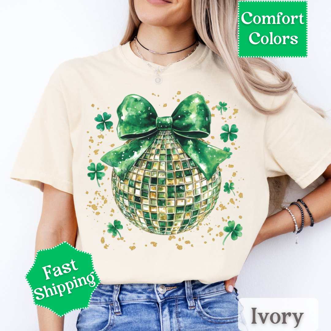 Green Disco Ball T-Shirt with Shamrocks and Coquette Bow for St. Patrick&