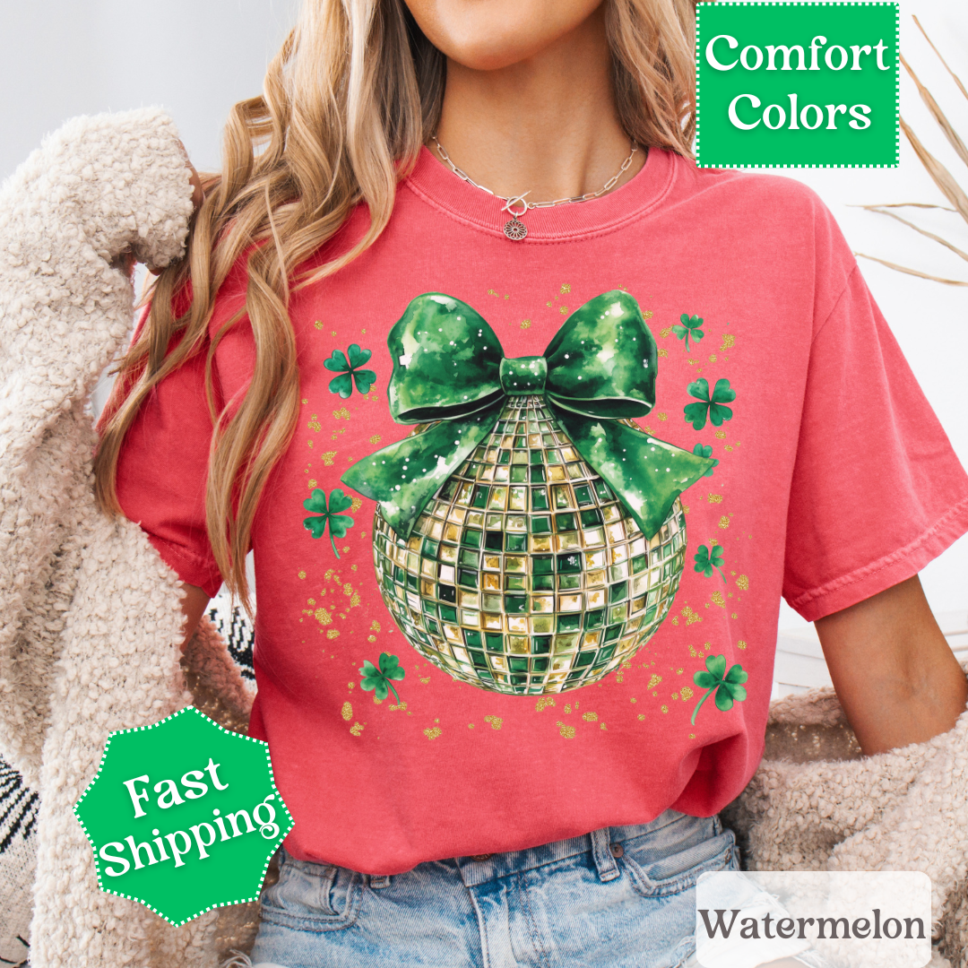Green Disco Ball T-Shirt with Shamrocks and Coquette Bow for St. Patrick&
