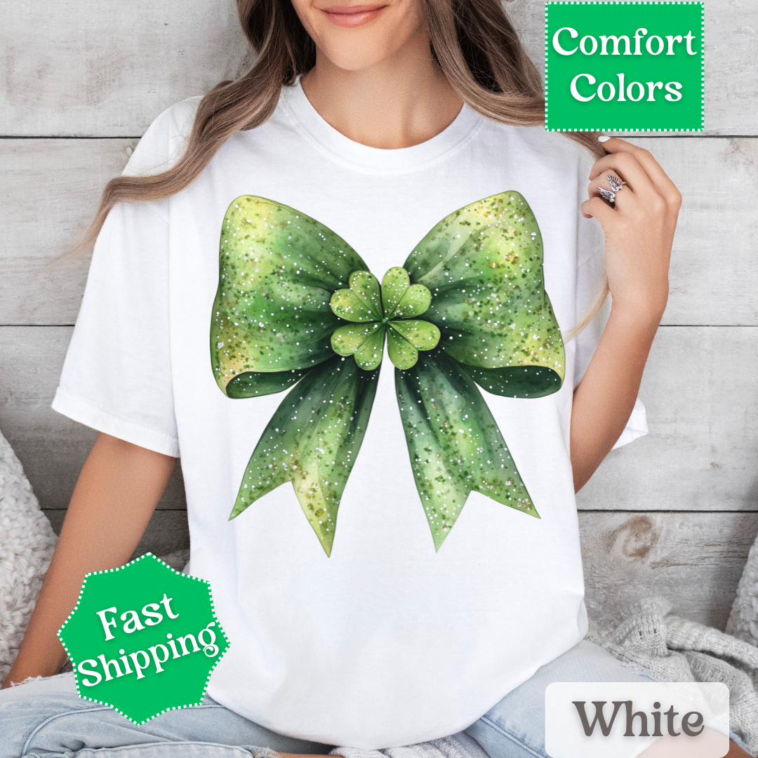 Green Coquette Bow T-Shirt with Four Leaf Clover
