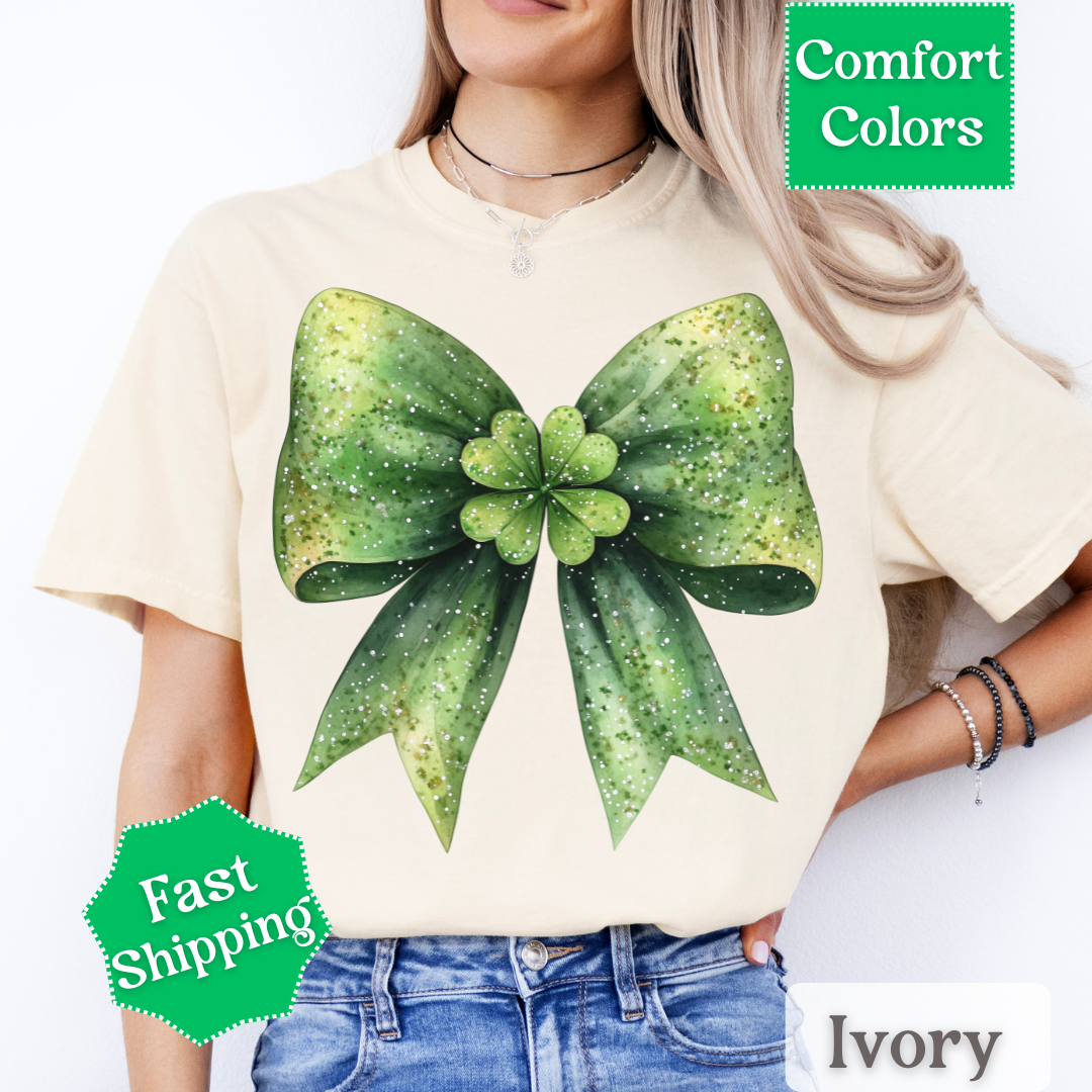 Green Coquette Bow T-Shirt with Four Leaf Clover