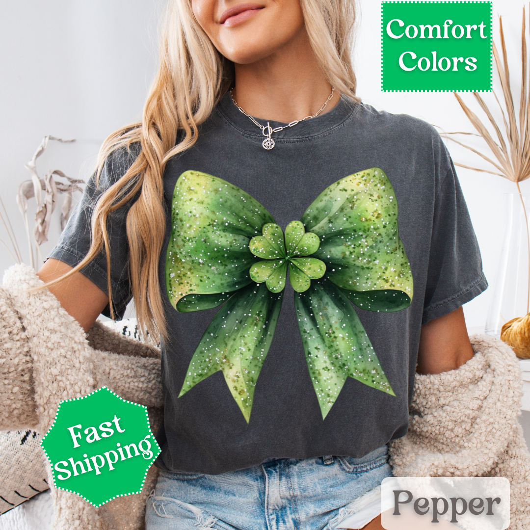 Green Coquette Bow T-Shirt with Four Leaf Clover