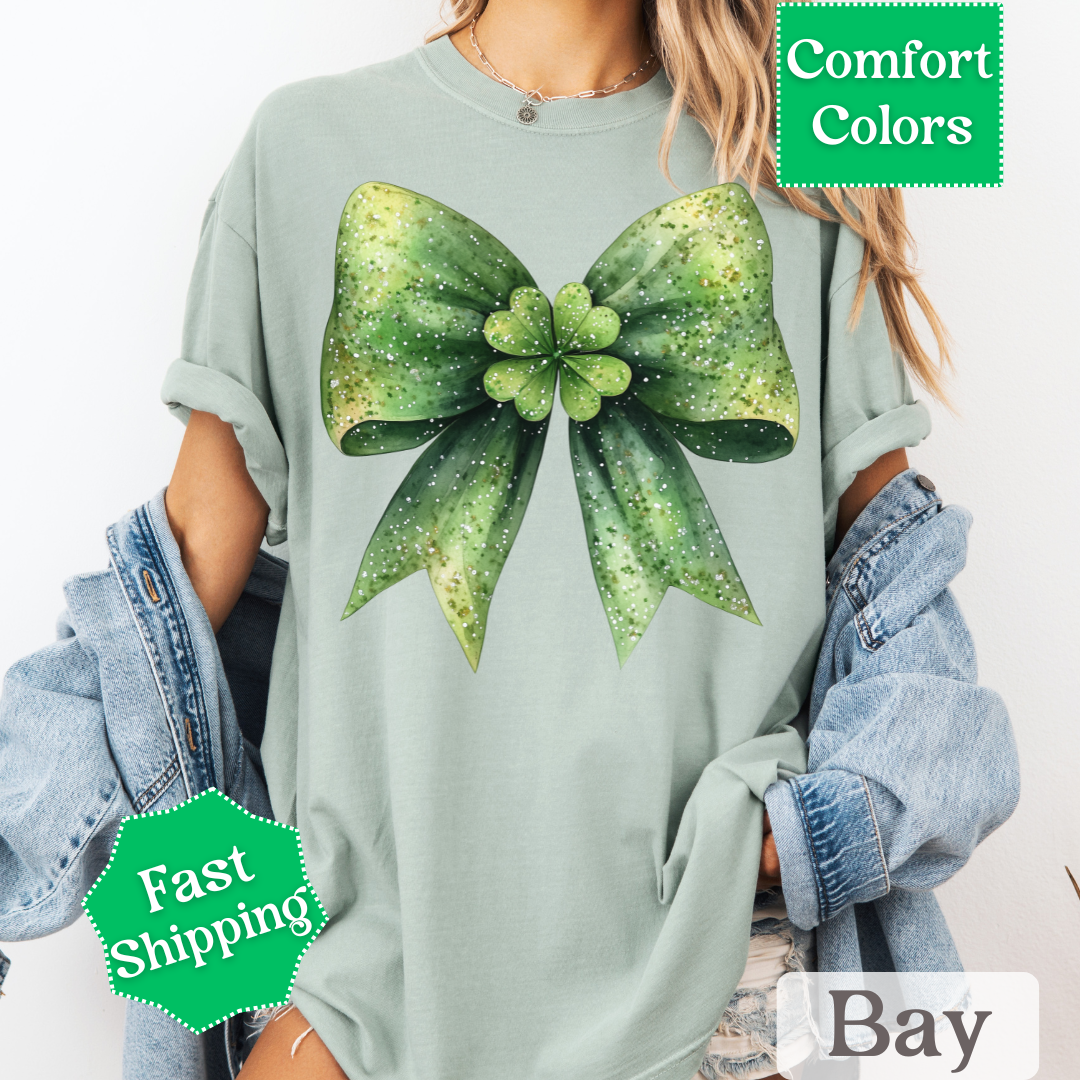 Green Coquette Bow T-Shirt with Four Leaf Clover