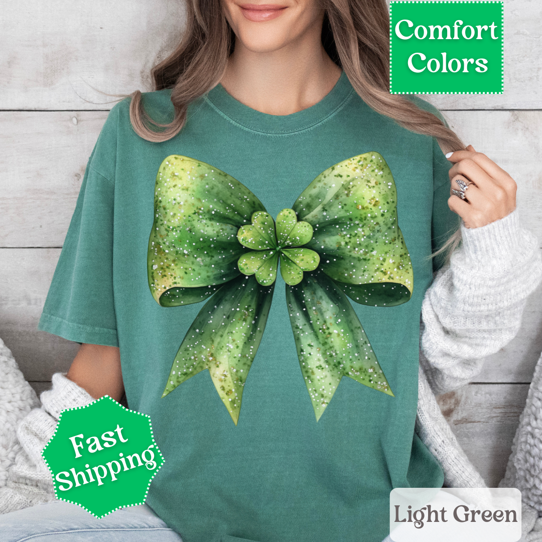 Green Coquette Bow T-Shirt with Four Leaf Clover