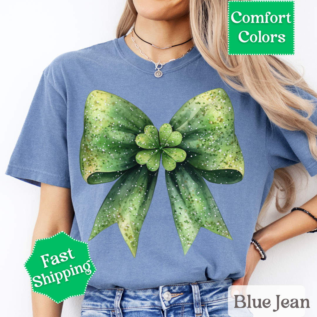 Green Coquette Bow T-Shirt with Four Leaf Clover