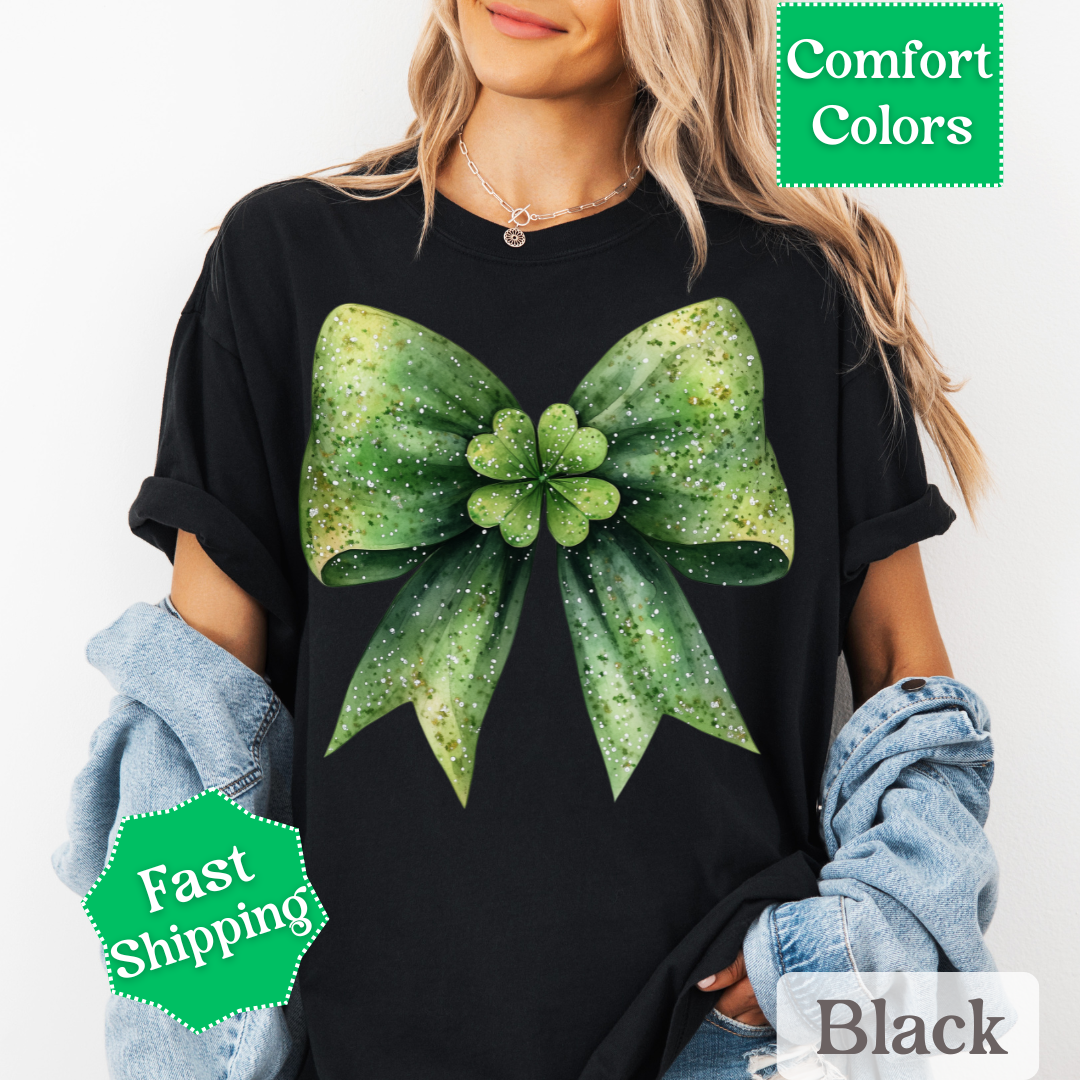 Green Coquette Bow T-Shirt with Four Leaf Clover