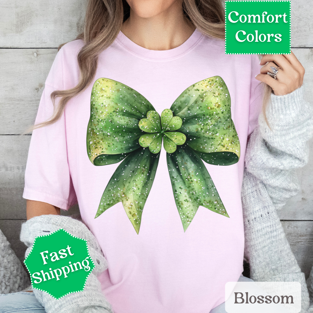 Green Coquette Bow T-Shirt with Four Leaf Clover