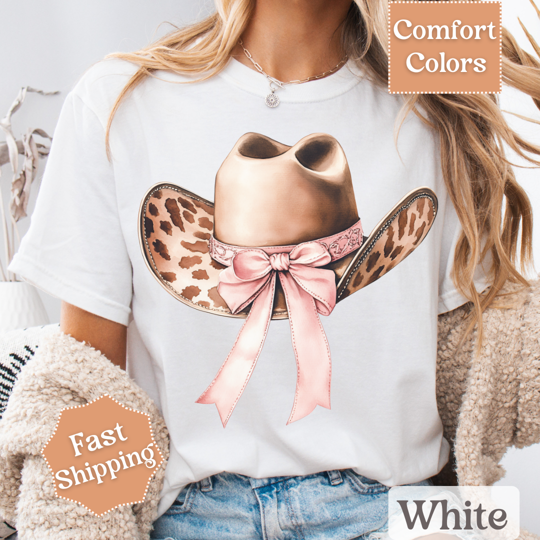 Cow Print Cowgirl Hat T-Shirt with Coquette Bow