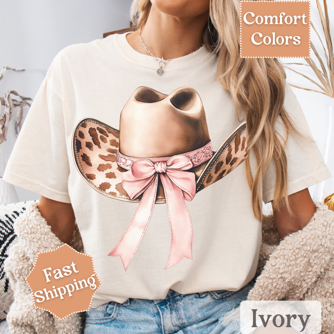 Cow Print Cowgirl Hat T-Shirt with Coquette Bow