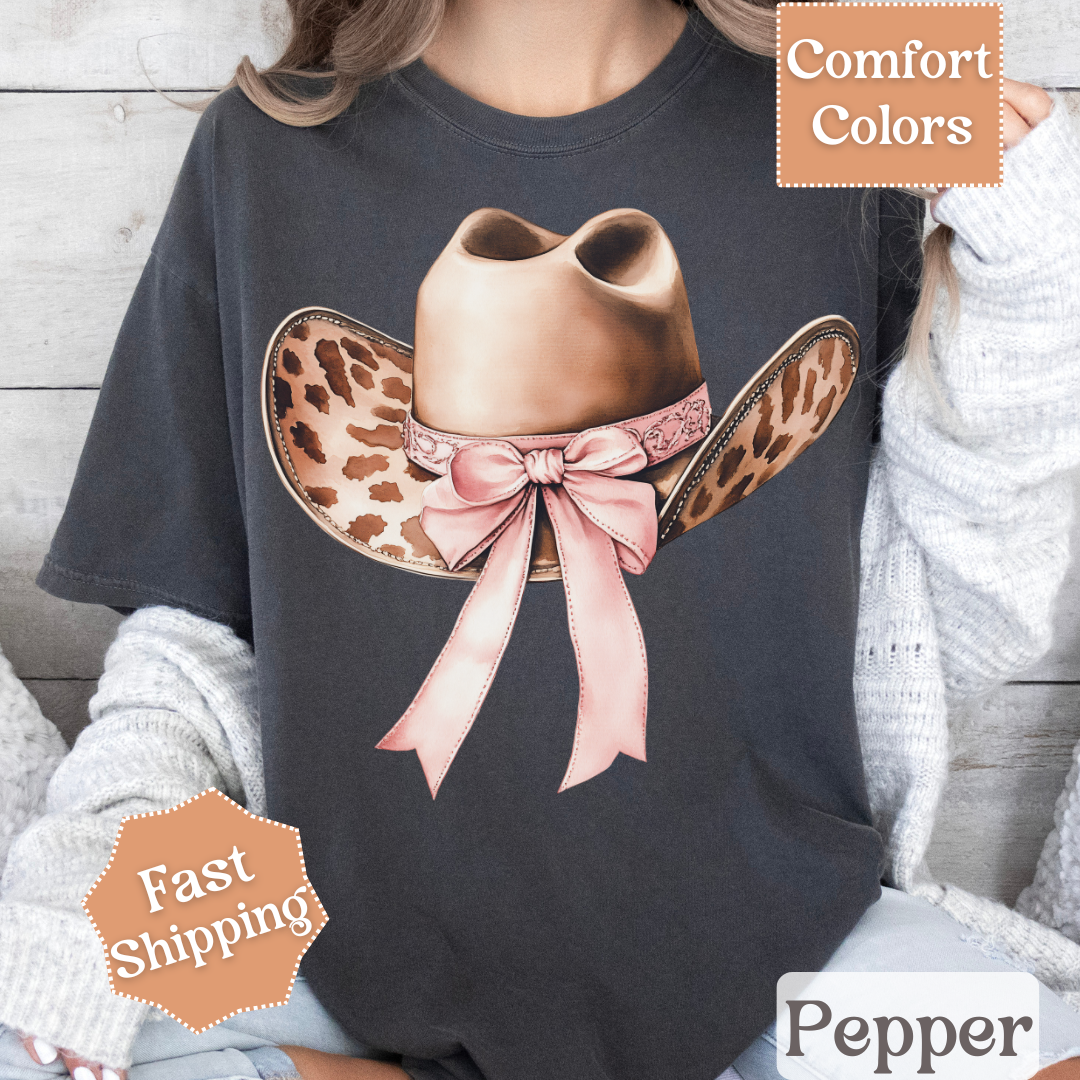 Cow Print Cowgirl Hat T-Shirt with Coquette Bow