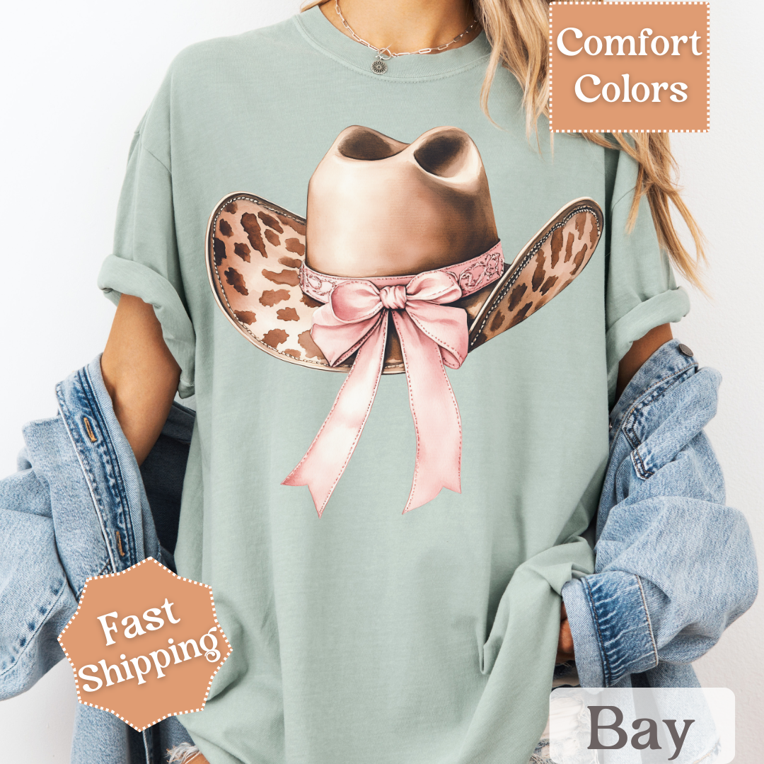Cow Print Cowgirl Hat T-Shirt with Coquette Bow
