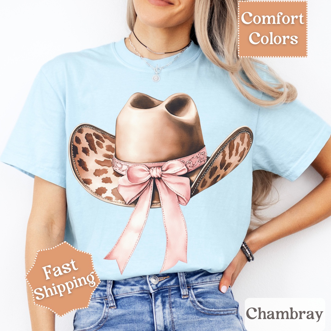 Cow Print Cowgirl Hat T-Shirt with Coquette Bow
