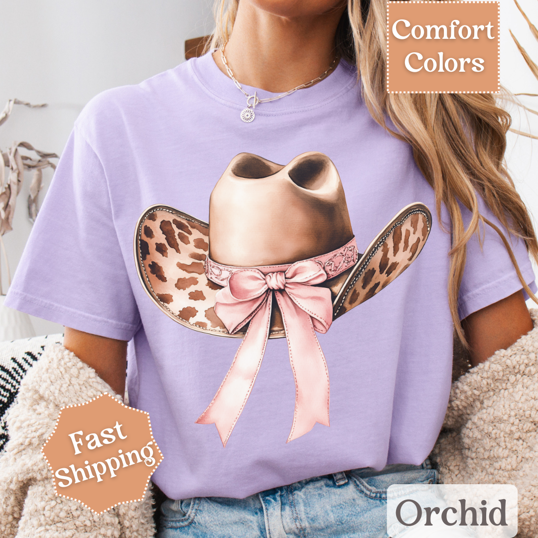 Cow Print Cowgirl Hat T-Shirt with Coquette Bow