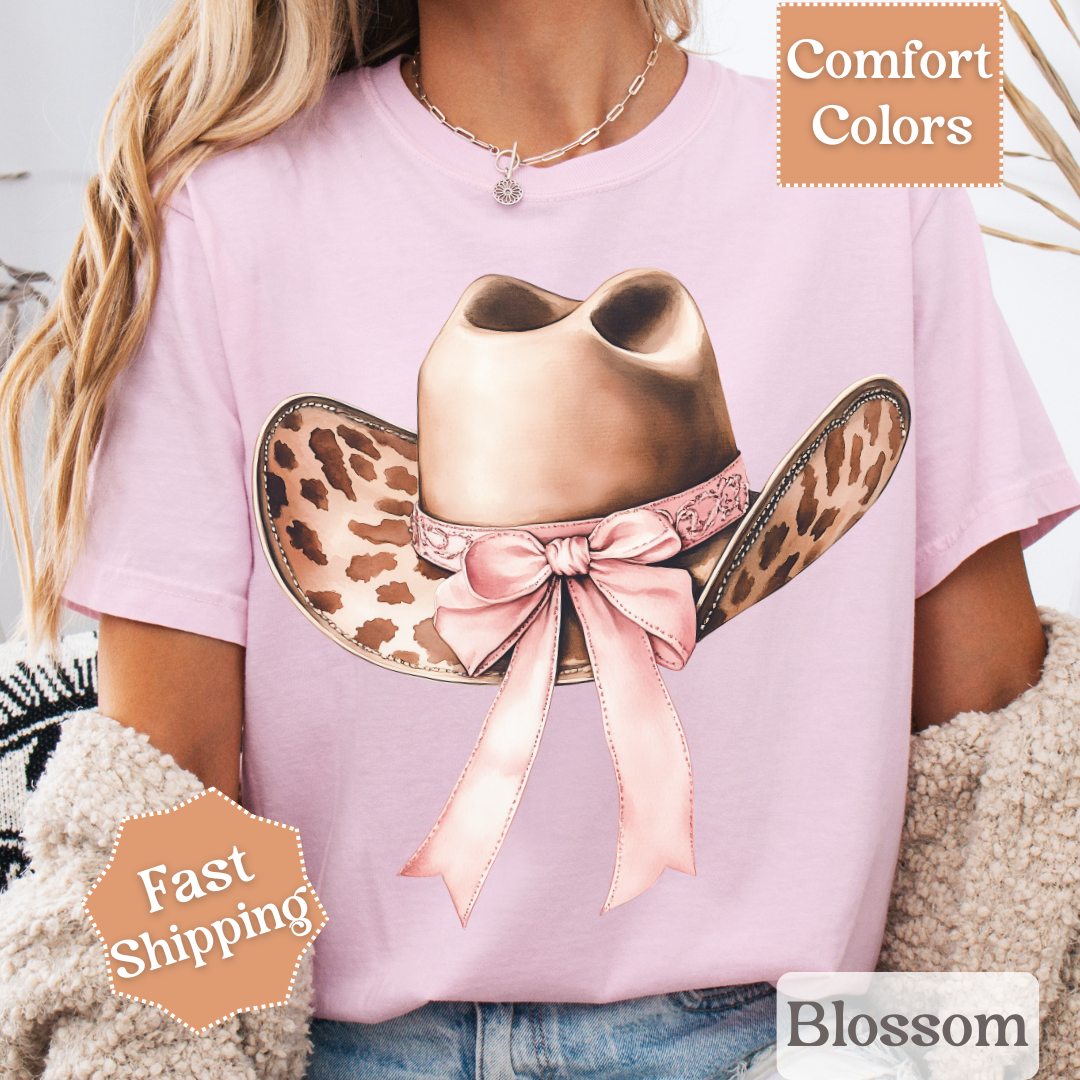Cow Print Cowgirl Hat T-Shirt with Coquette Bow