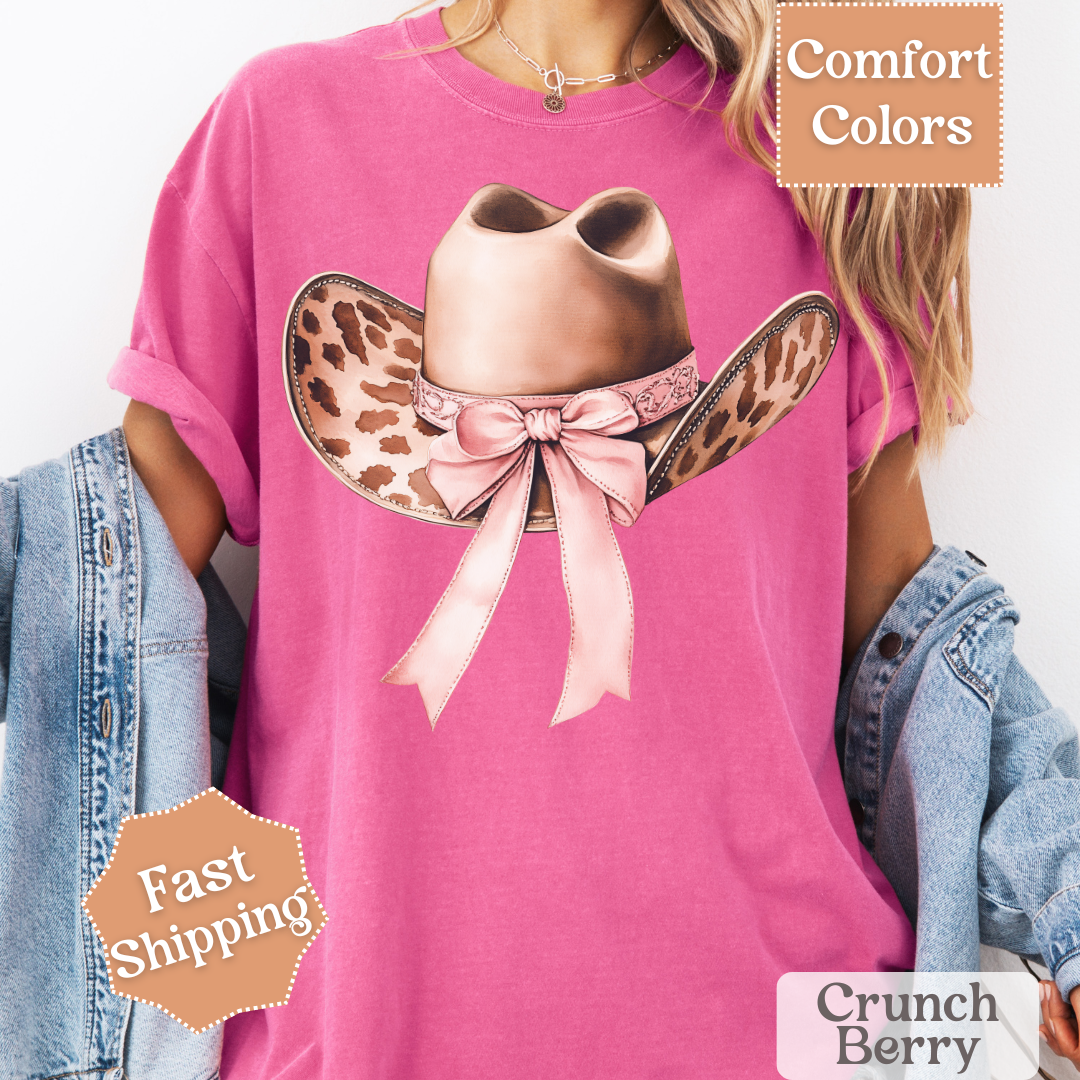 Cow Print Cowgirl Hat T-Shirt with Coquette Bow