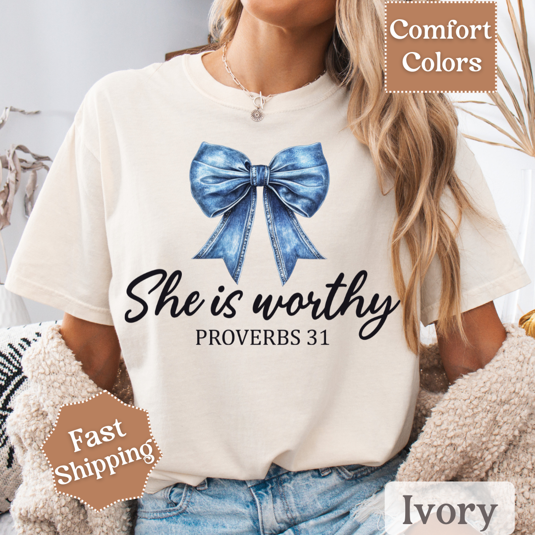 She Is Worthy T-Shirt with Denim Coquette Bow, Proverbs 31 Tshirt, Christian Tee, Tops for Women