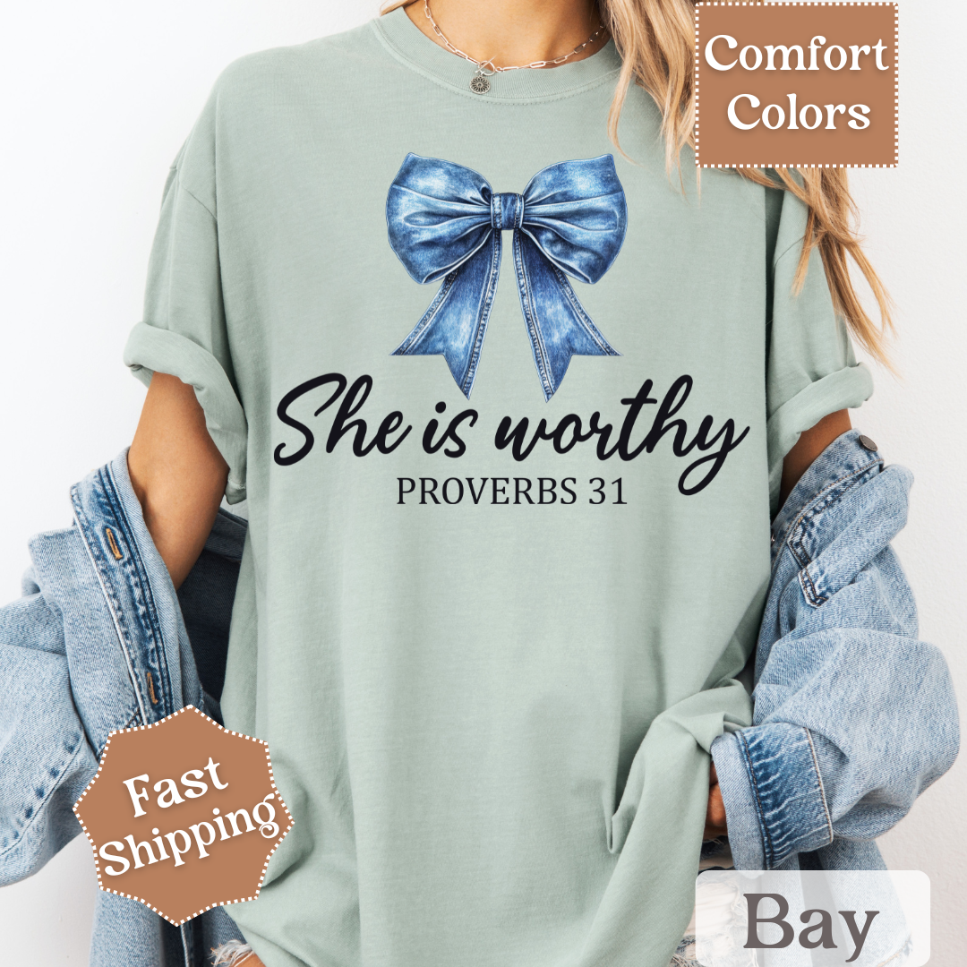 She Is Worthy T-Shirt with Denim Coquette Bow, Proverbs 31 Tshirt, Christian Tee, Tops for Women