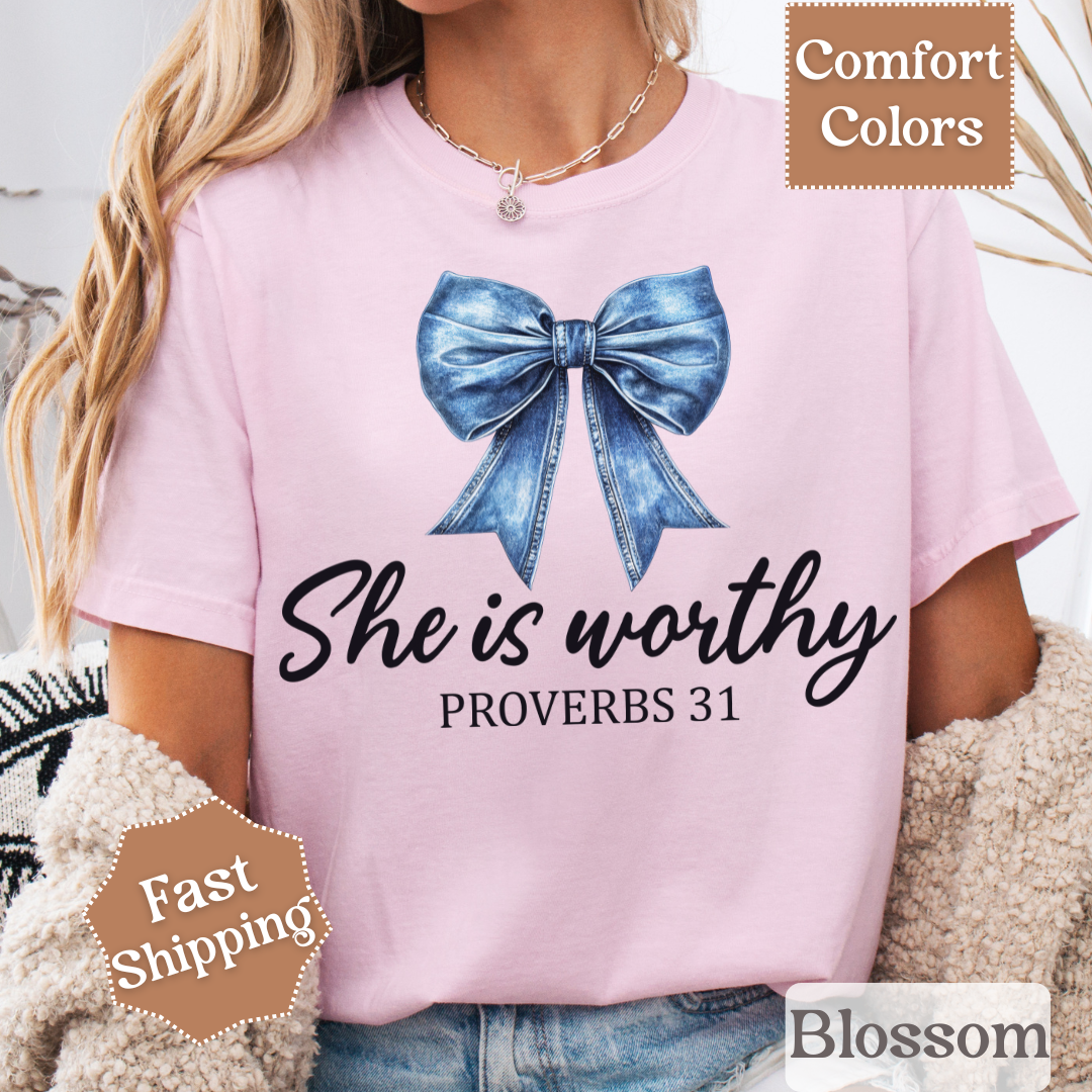 She Is Worthy T-Shirt with Denim Coquette Bow, Proverbs 31 Tshirt, Christian Tee, Tops for Women