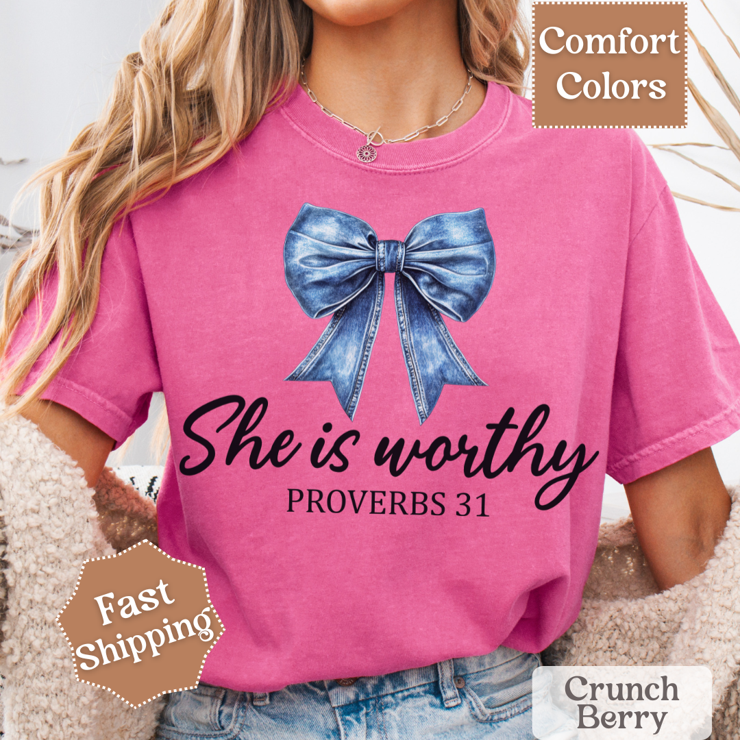 She Is Worthy T-Shirt with Denim Coquette Bow, Proverbs 31 Tshirt, Christian Tee, Tops for Women
