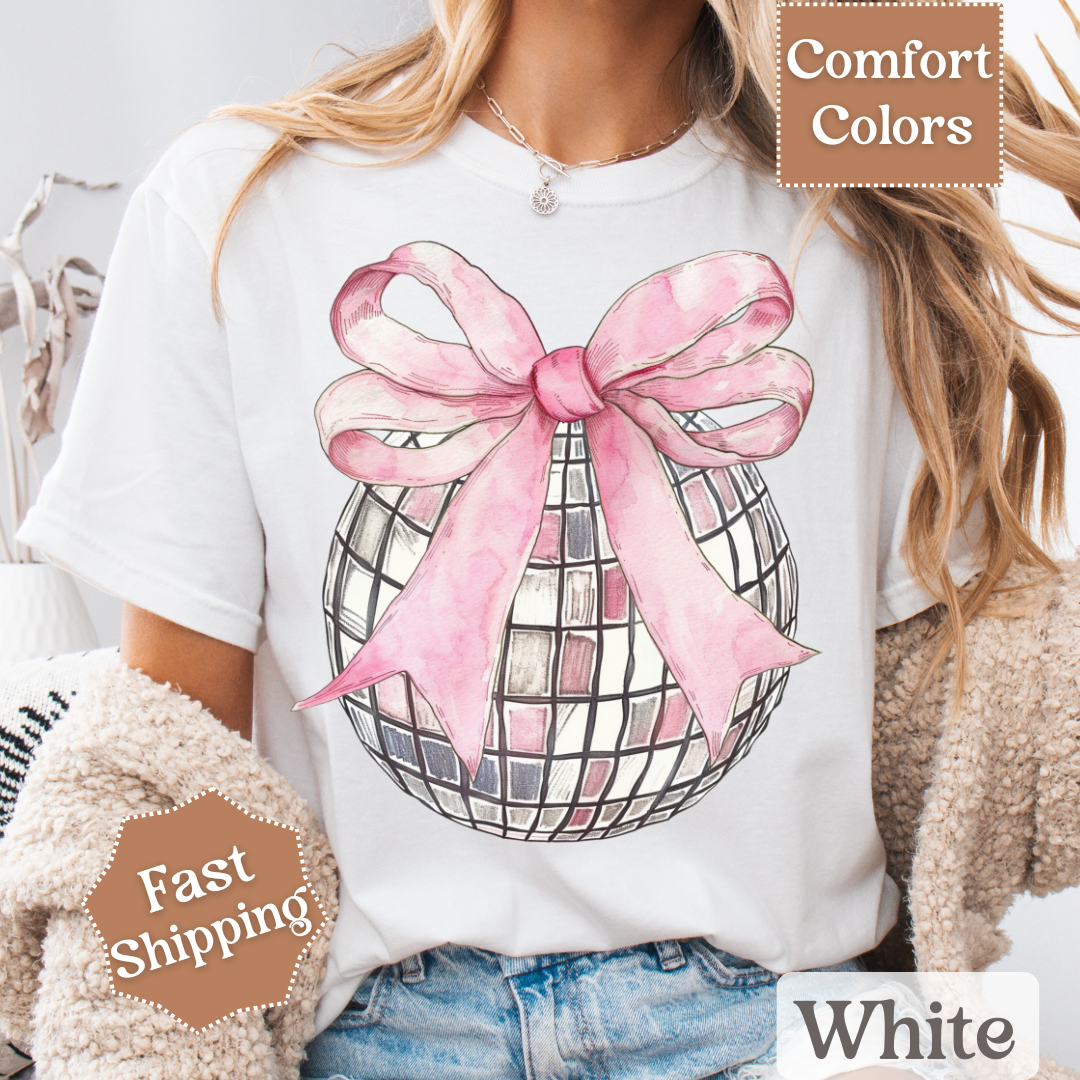 Disco Ball T-Shirt with Pink Coquette Bow, Groovy Disco Ball Tee, Women&