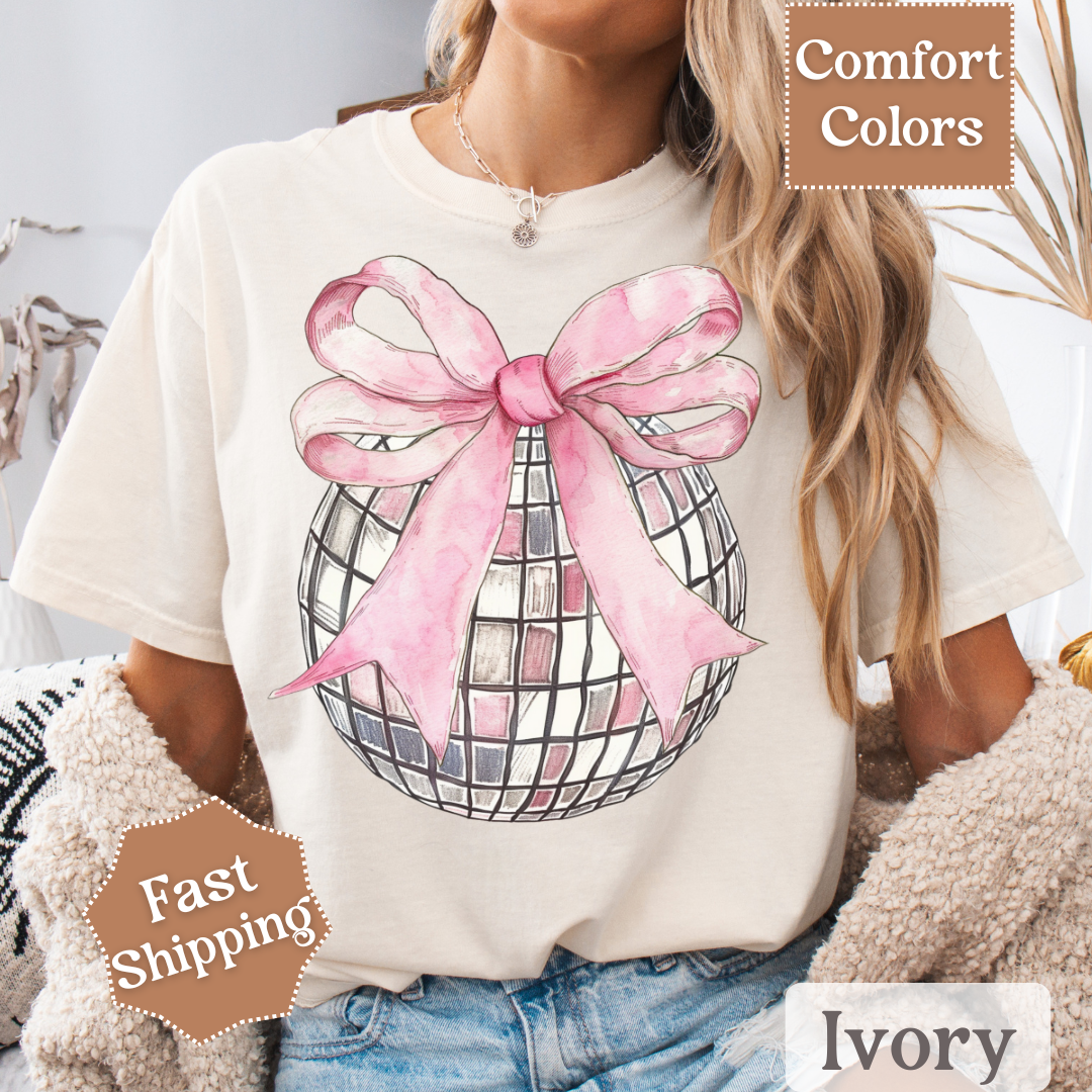 Disco Ball T-Shirt with Pink Coquette Bow, Groovy Disco Ball Tee, Women&