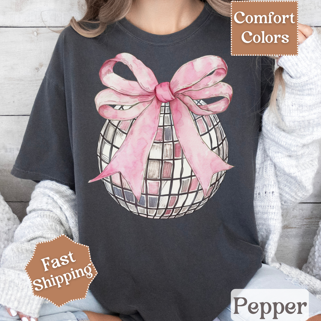 Disco Ball T-Shirt with Pink Coquette Bow, Groovy Disco Ball Tee, Women&