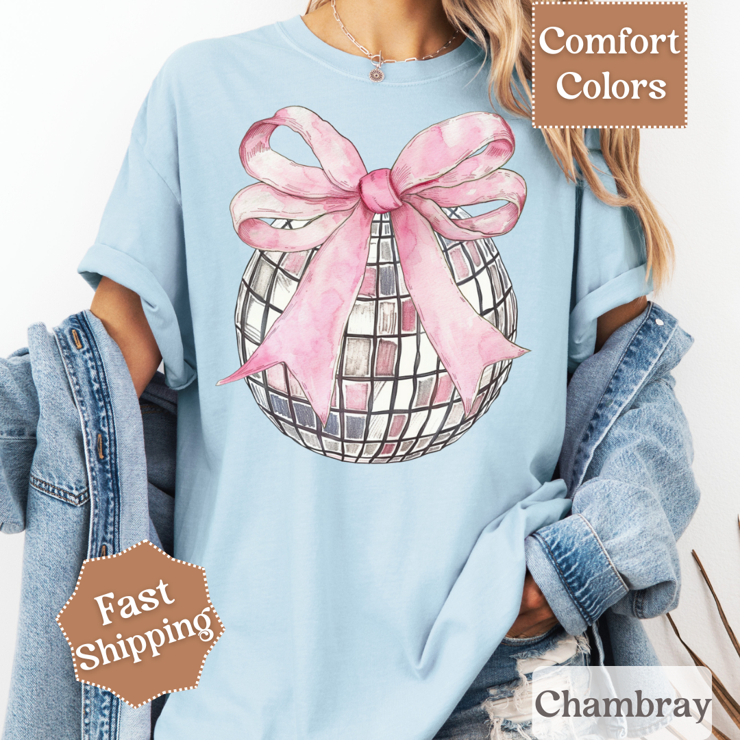 Disco Ball T-Shirt with Pink Coquette Bow, Groovy Disco Ball Tee, Women&