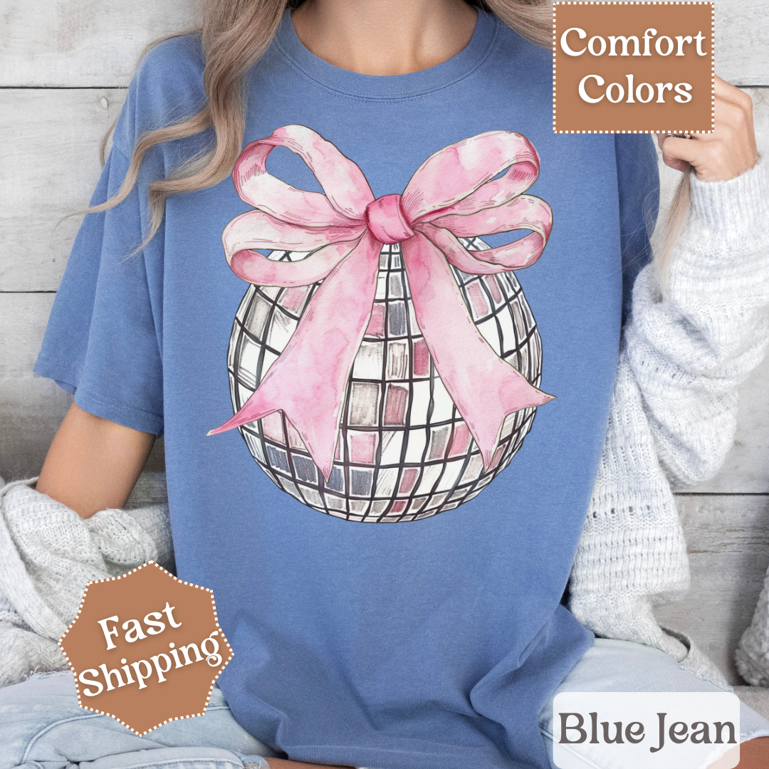 Disco Ball T-Shirt with Pink Coquette Bow, Groovy Disco Ball Tee, Women&