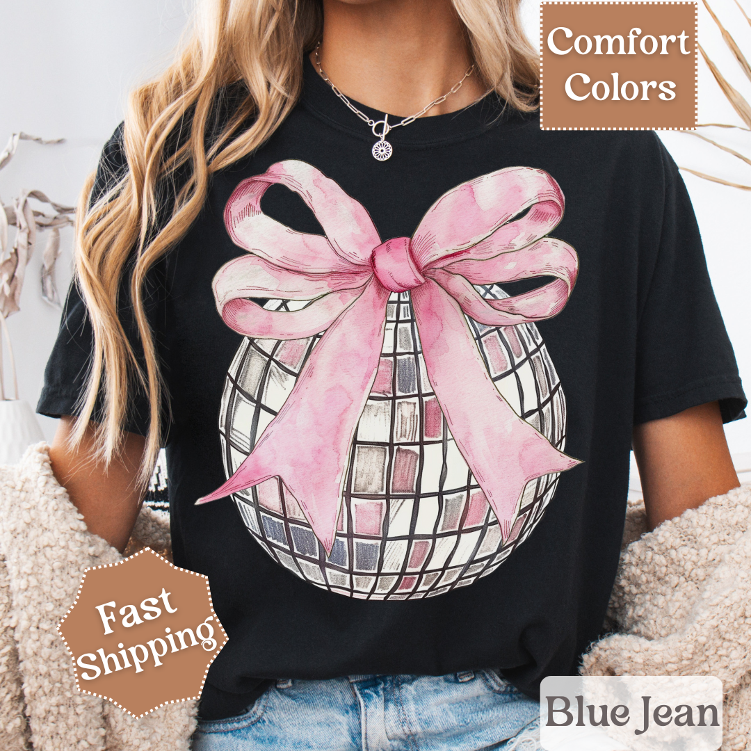 Disco Ball T-Shirt with Pink Coquette Bow, Groovy Disco Ball Tee, Women&