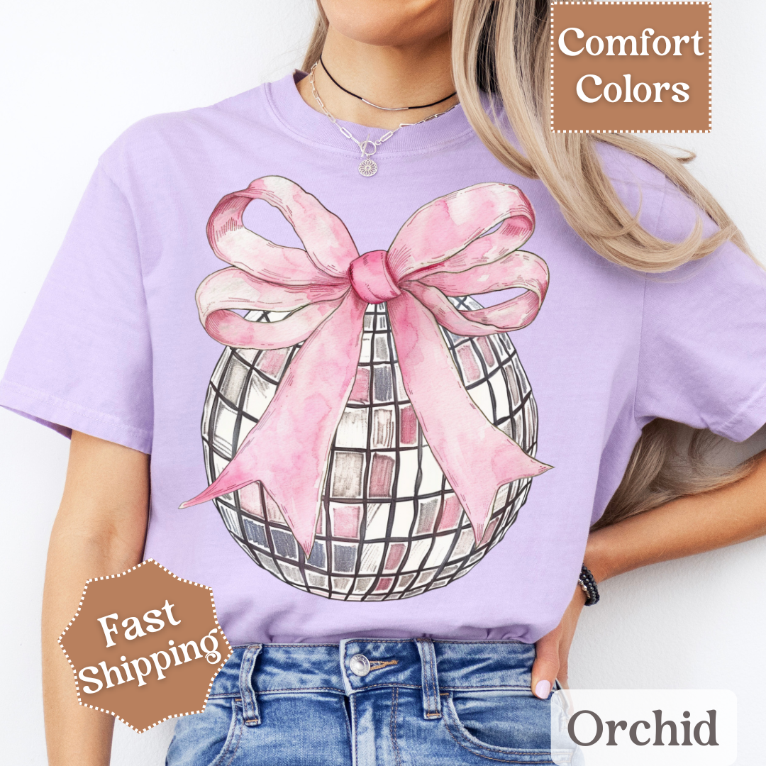 Disco Ball T-Shirt with Pink Coquette Bow, Groovy Disco Ball Tee, Women&