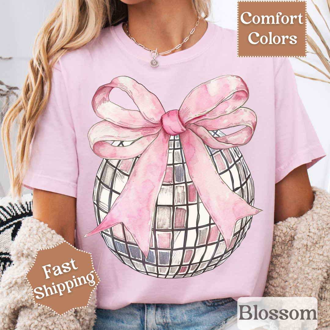 Disco Ball T-Shirt with Pink Coquette Bow, Groovy Disco Ball Tee, Women&