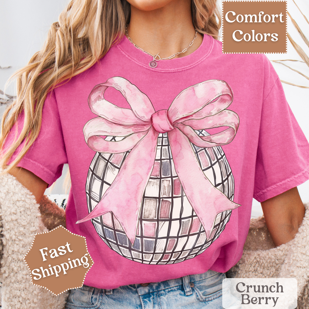 Disco Ball T-Shirt with Pink Coquette Bow, Groovy Disco Ball Tee, Women&