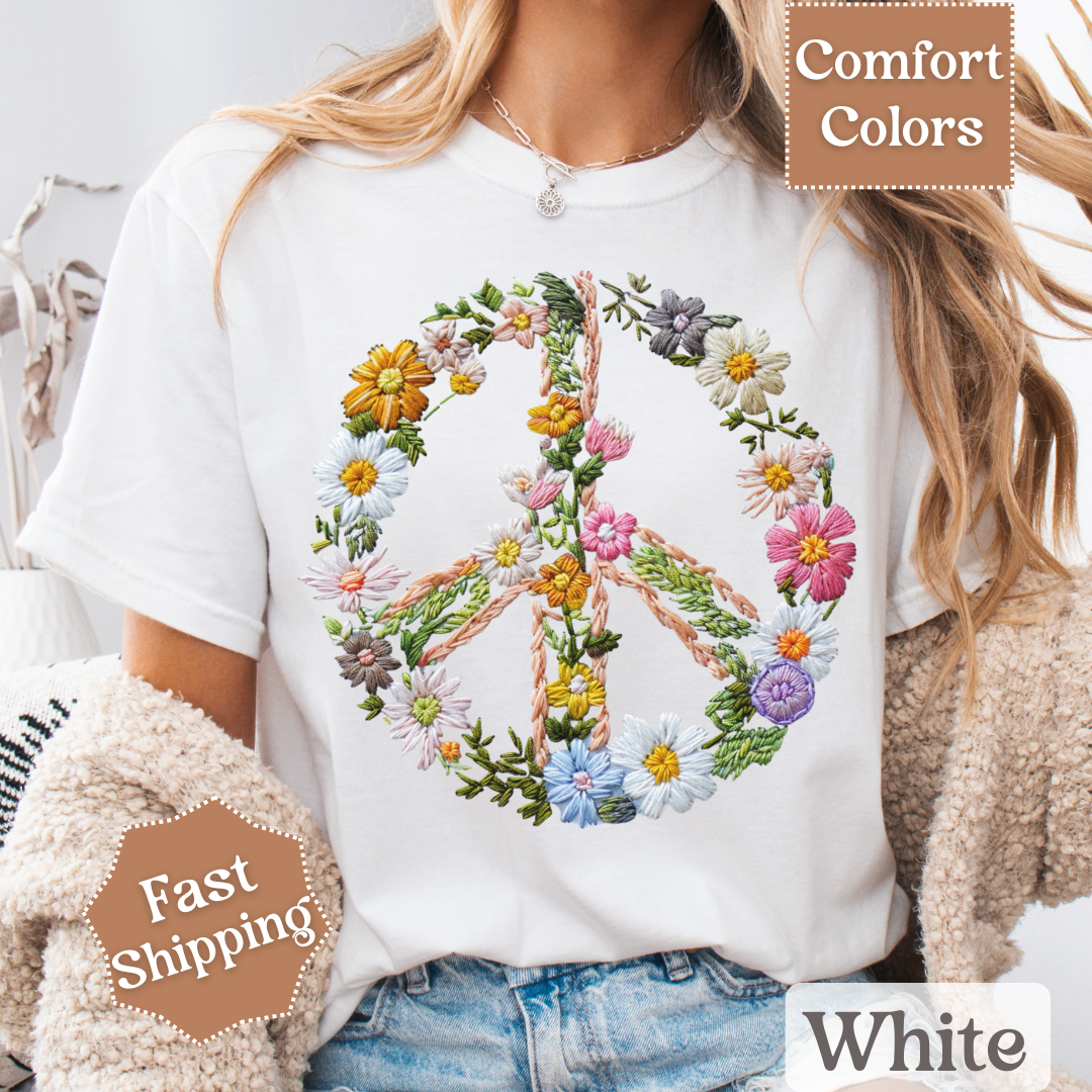 Floral Peace Sign Printed T-Shirt, Peace Sign With Flowers Tee, Hippie Shirt for Women