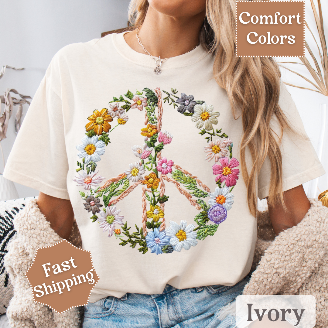 Floral Peace Sign Printed T-Shirt, Peace Sign With Flowers Tee, Hippie Shirt for Women