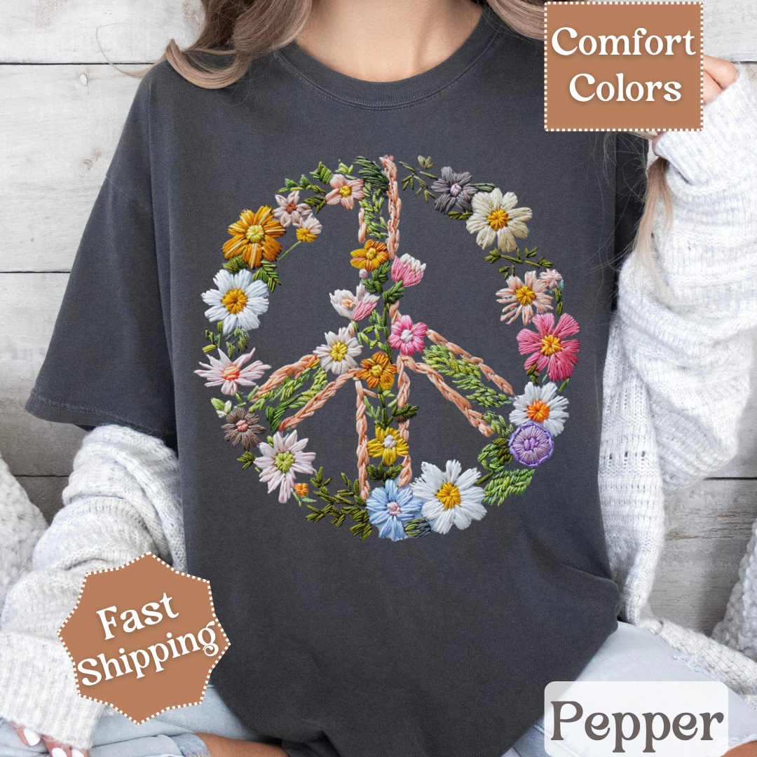 Floral Peace Sign Printed T-Shirt, Peace Sign With Flowers Tee, Hippie Shirt for Women