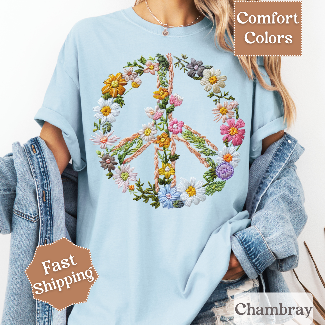 Floral Peace Sign Printed T-Shirt, Peace Sign With Flowers Tee, Hippie Shirt for Women