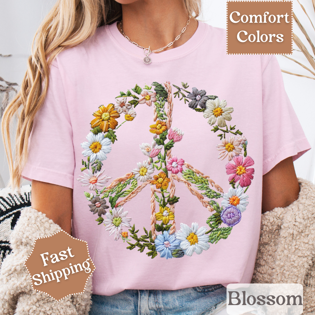 Floral Peace Sign Printed T-Shirt, Peace Sign With Flowers Tee, Hippie Shirt for Women