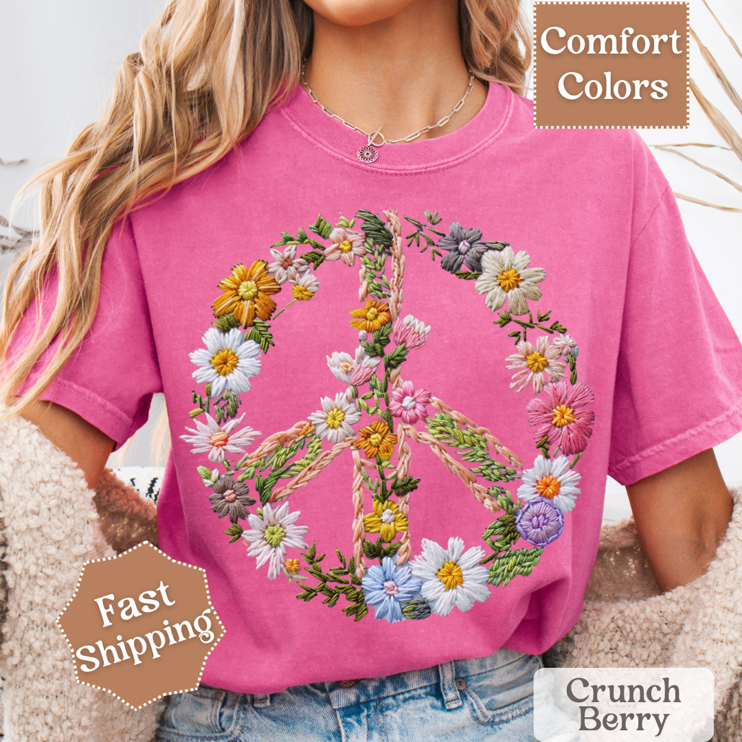 Floral Peace Sign Printed T-Shirt, Peace Sign With Flowers Tee, Hippie Shirt for Women