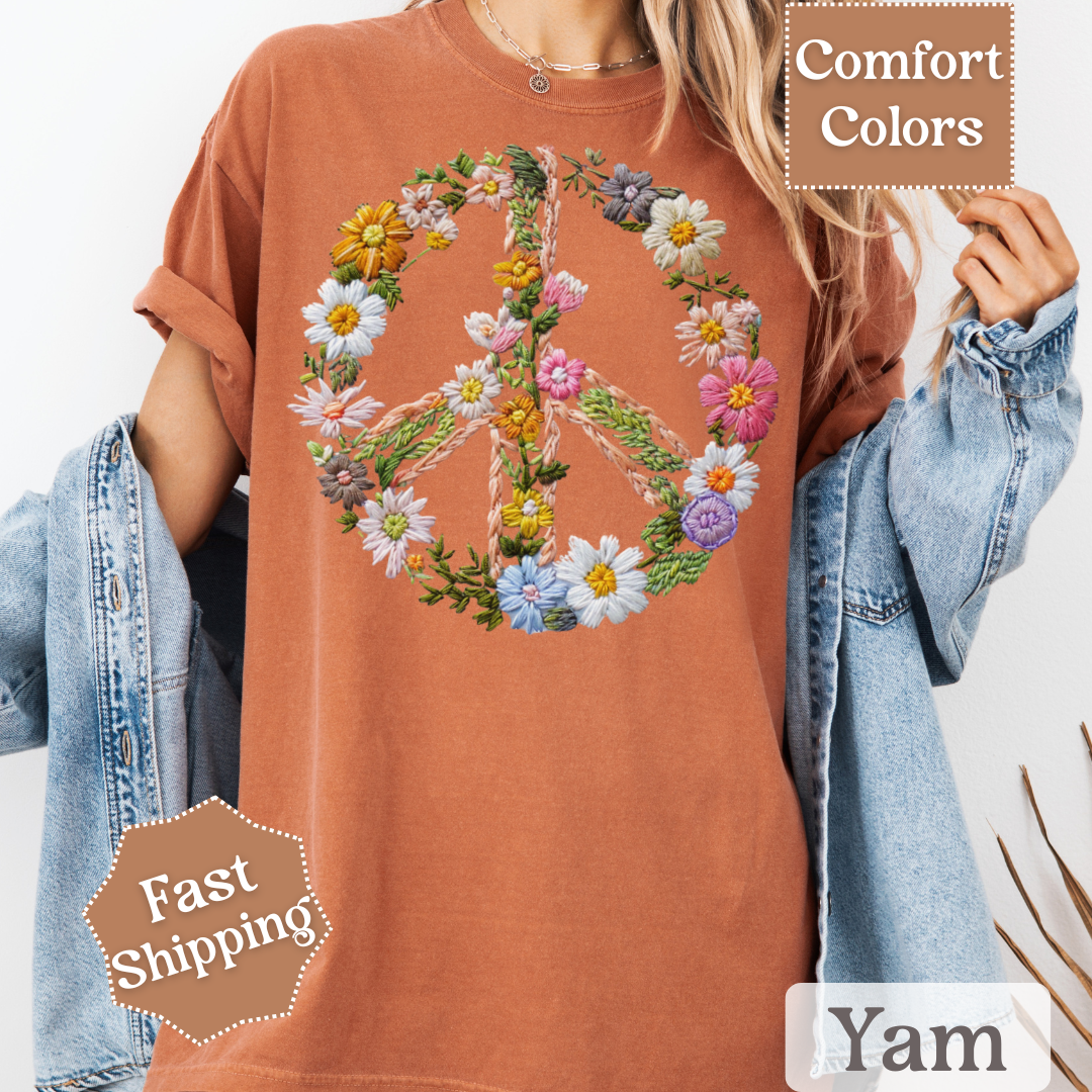 Floral Peace Sign Printed T-Shirt, Peace Sign With Flowers Tee, Hippie Shirt for Women